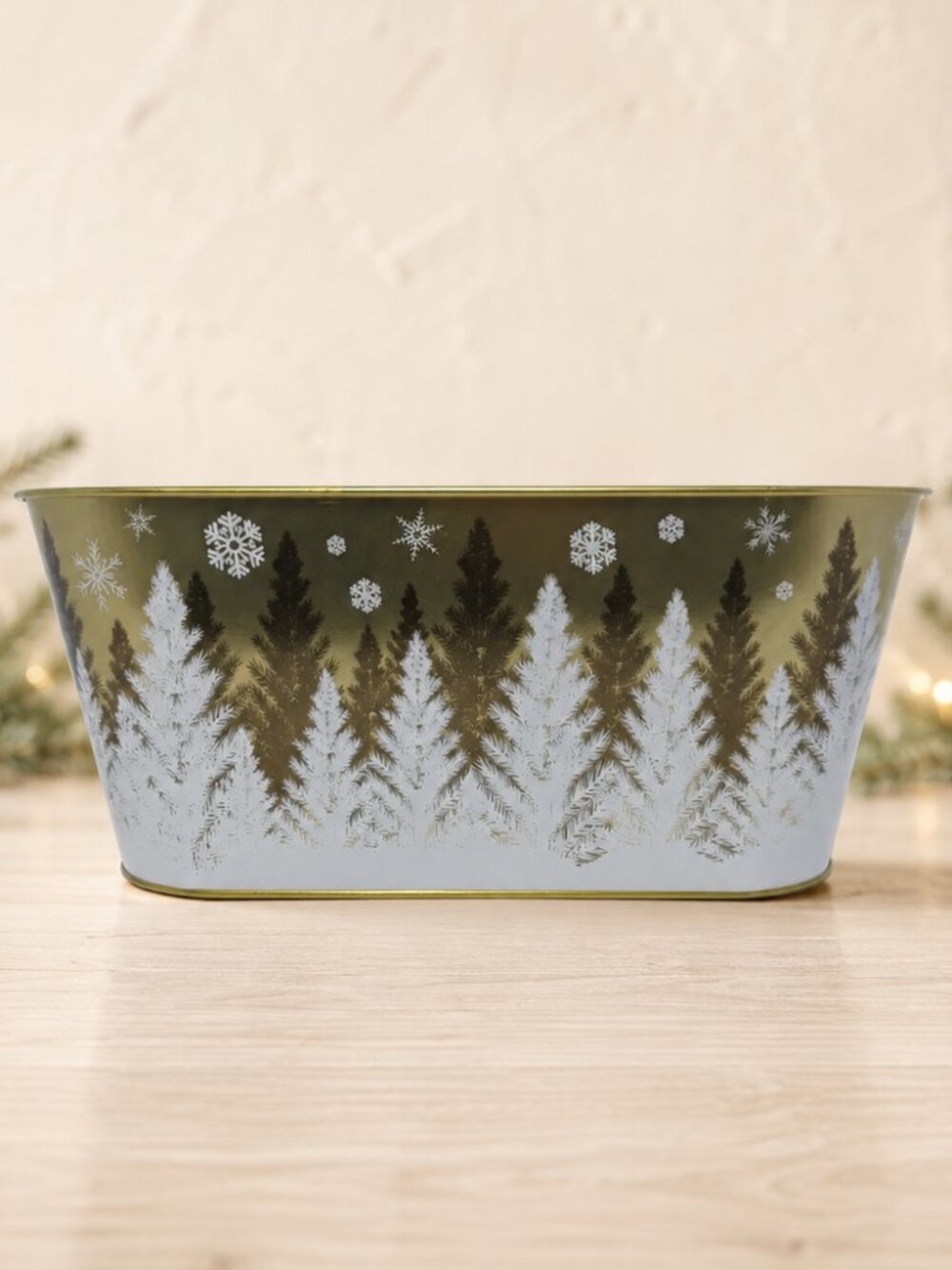 Winter Forest Oval Metal Planter, Centerpiece or Gift Basket Container